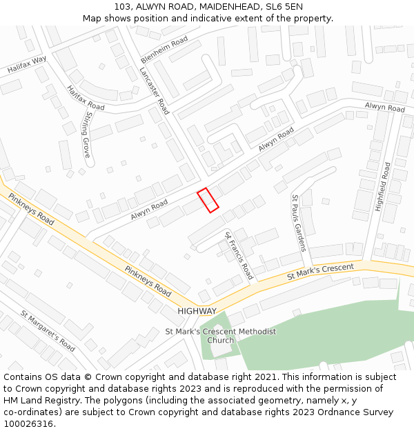 103, ALWYN ROAD, MAIDENHEAD, SL6 5EN: Location map and indicative extent of plot