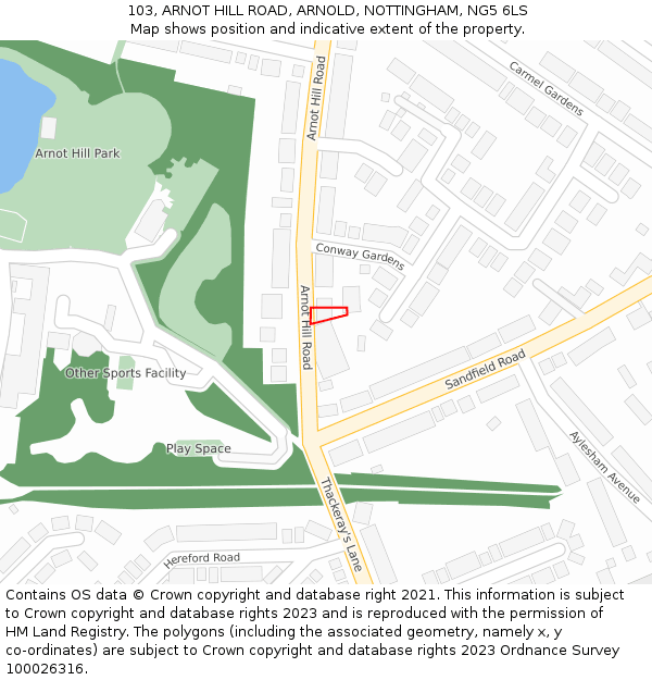 103, ARNOT HILL ROAD, ARNOLD, NOTTINGHAM, NG5 6LS: Location map and indicative extent of plot