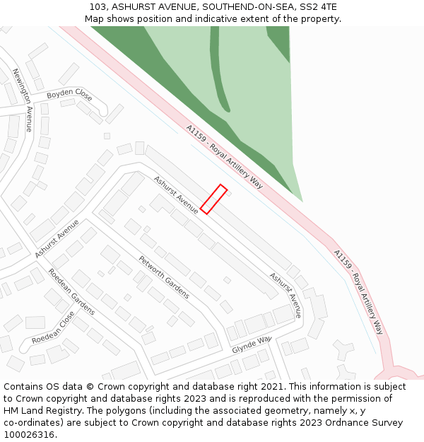 103, ASHURST AVENUE, SOUTHEND-ON-SEA, SS2 4TE: Location map and indicative extent of plot
