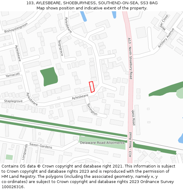 103, AYLESBEARE, SHOEBURYNESS, SOUTHEND-ON-SEA, SS3 8AG: Location map and indicative extent of plot