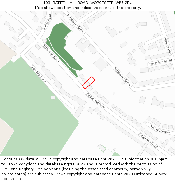 103, BATTENHALL ROAD, WORCESTER, WR5 2BU: Location map and indicative extent of plot