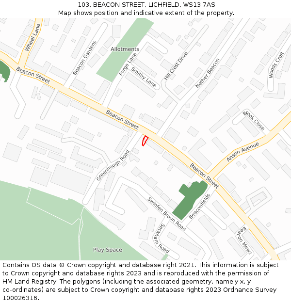 103, BEACON STREET, LICHFIELD, WS13 7AS: Location map and indicative extent of plot