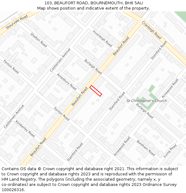 103, BEAUFORT ROAD, BOURNEMOUTH, BH6 5AU: Location map and indicative extent of plot