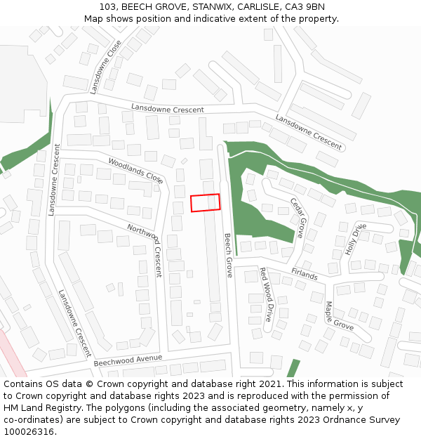103, BEECH GROVE, STANWIX, CARLISLE, CA3 9BN: Location map and indicative extent of plot