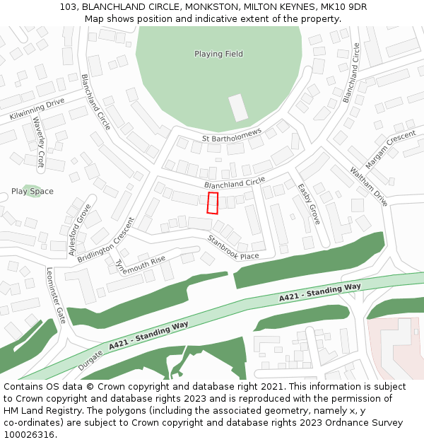 103, BLANCHLAND CIRCLE, MONKSTON, MILTON KEYNES, MK10 9DR: Location map and indicative extent of plot