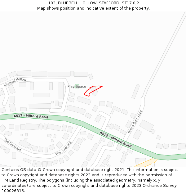 103, BLUEBELL HOLLOW, STAFFORD, ST17 0JP: Location map and indicative extent of plot