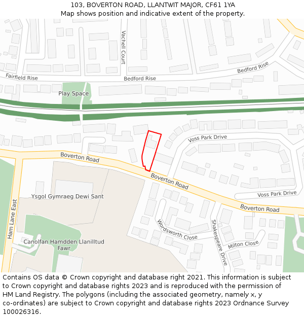 103, BOVERTON ROAD, LLANTWIT MAJOR, CF61 1YA: Location map and indicative extent of plot