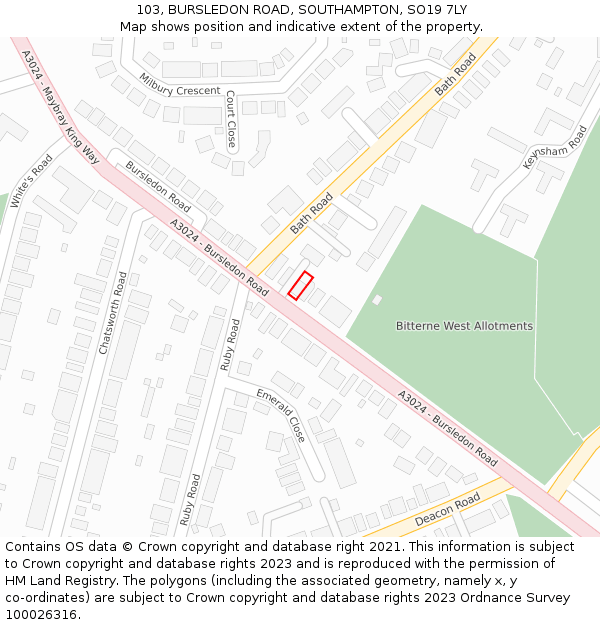 103, BURSLEDON ROAD, SOUTHAMPTON, SO19 7LY: Location map and indicative extent of plot