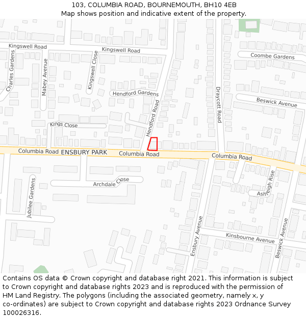 103, COLUMBIA ROAD, BOURNEMOUTH, BH10 4EB: Location map and indicative extent of plot
