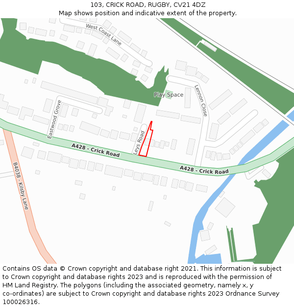 103, CRICK ROAD, RUGBY, CV21 4DZ: Location map and indicative extent of plot