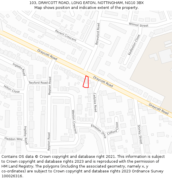103, DRAYCOTT ROAD, LONG EATON, NOTTINGHAM, NG10 3BX: Location map and indicative extent of plot