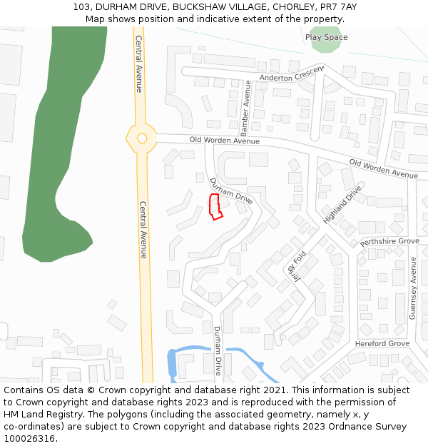 103, DURHAM DRIVE, BUCKSHAW VILLAGE, CHORLEY, PR7 7AY: Location map and indicative extent of plot