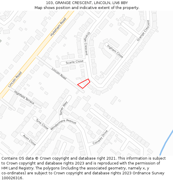 103, GRANGE CRESCENT, LINCOLN, LN6 8BY: Location map and indicative extent of plot