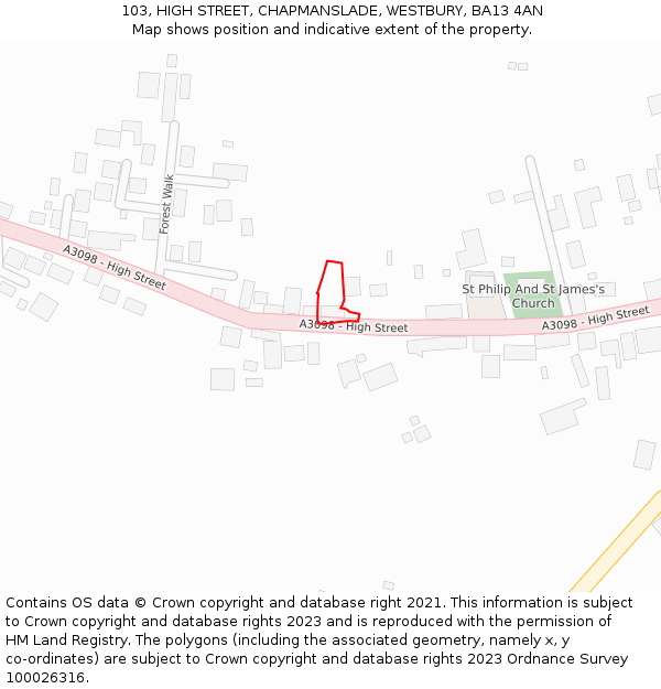 103, HIGH STREET, CHAPMANSLADE, WESTBURY, BA13 4AN: Location map and indicative extent of plot