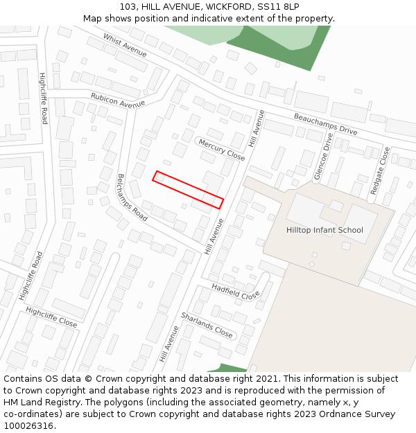 103, HILL AVENUE, WICKFORD, SS11 8LP: Location map and indicative extent of plot