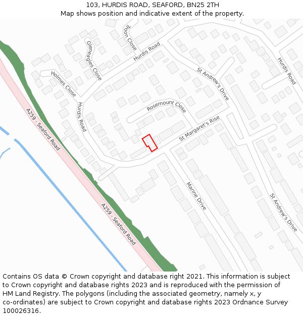 103, HURDIS ROAD, SEAFORD, BN25 2TH: Location map and indicative extent of plot