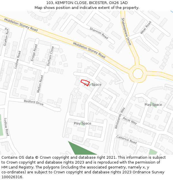 103, KEMPTON CLOSE, BICESTER, OX26 1AD: Location map and indicative extent of plot