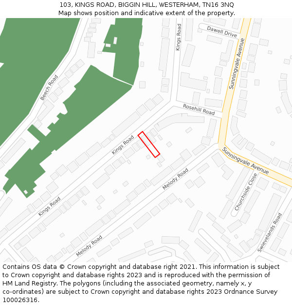103, KINGS ROAD, BIGGIN HILL, WESTERHAM, TN16 3NQ: Location map and indicative extent of plot