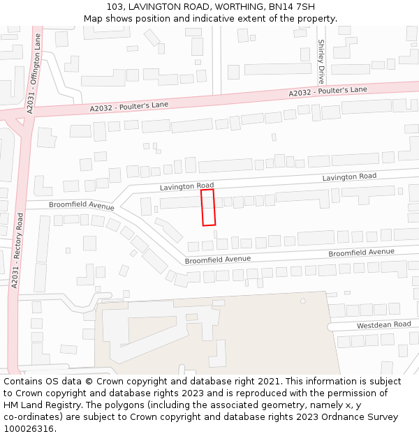 103, LAVINGTON ROAD, WORTHING, BN14 7SH: Location map and indicative extent of plot