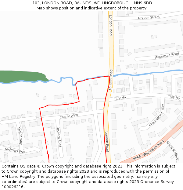 103, LONDON ROAD, RAUNDS, WELLINGBOROUGH, NN9 6DB: Location map and indicative extent of plot