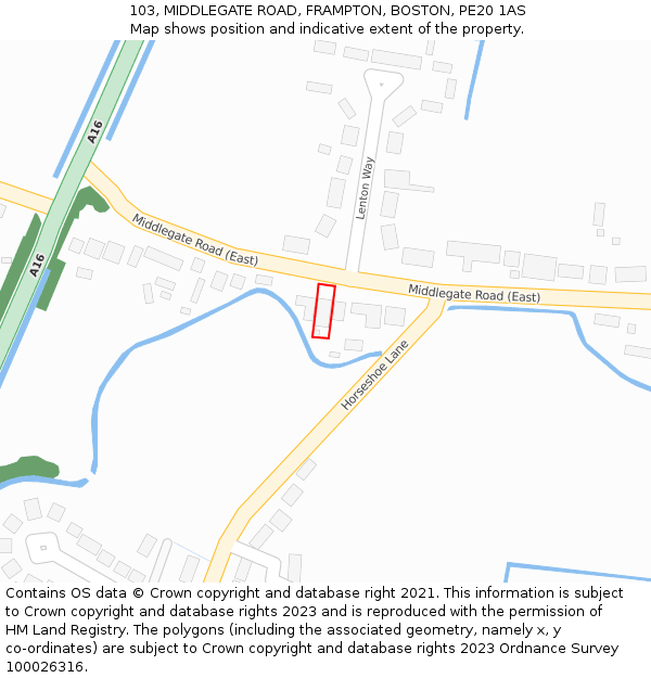 103, MIDDLEGATE ROAD, FRAMPTON, BOSTON, PE20 1AS: Location map and indicative extent of plot