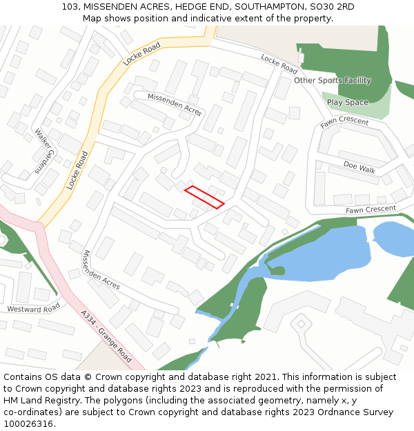 103, MISSENDEN ACRES, HEDGE END, SOUTHAMPTON, SO30 2RD: Location map and indicative extent of plot