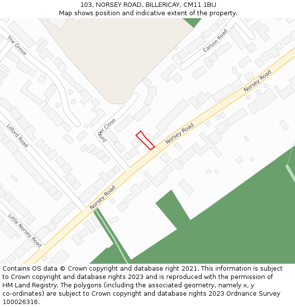 103, NORSEY ROAD, BILLERICAY, CM11 1BU: Location map and indicative extent of plot