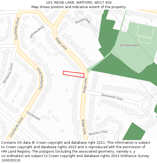 103, RIDGE LANE, WATFORD, WD17 4SX: Location map and indicative extent of plot