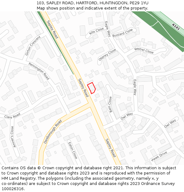 103, SAPLEY ROAD, HARTFORD, HUNTINGDON, PE29 1YU: Location map and indicative extent of plot