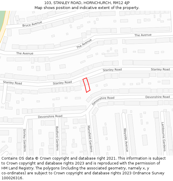 103, STANLEY ROAD, HORNCHURCH, RM12 4JP: Location map and indicative extent of plot