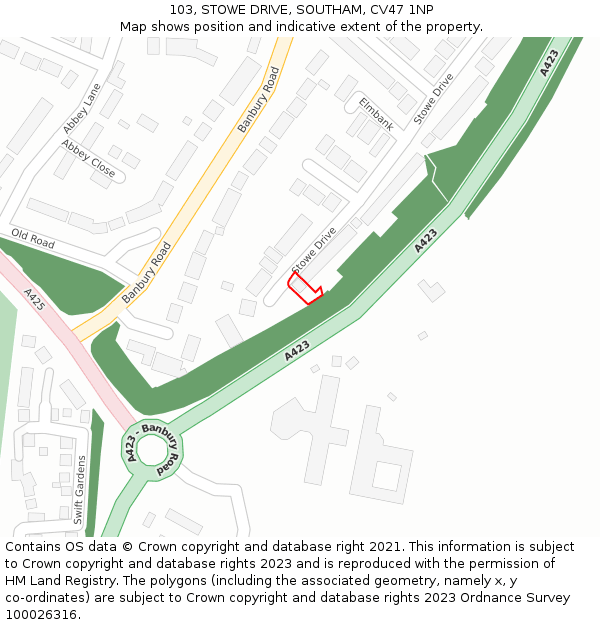 103, STOWE DRIVE, SOUTHAM, CV47 1NP: Location map and indicative extent of plot