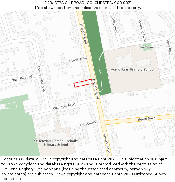 103, STRAIGHT ROAD, COLCHESTER, CO3 9BZ: Location map and indicative extent of plot