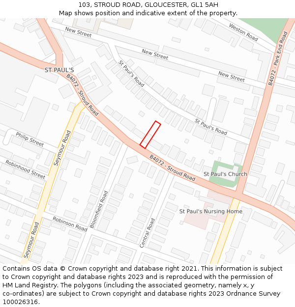 103, STROUD ROAD, GLOUCESTER, GL1 5AH: Location map and indicative extent of plot