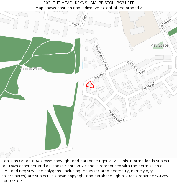103, THE MEAD, KEYNSHAM, BRISTOL, BS31 1FE: Location map and indicative extent of plot