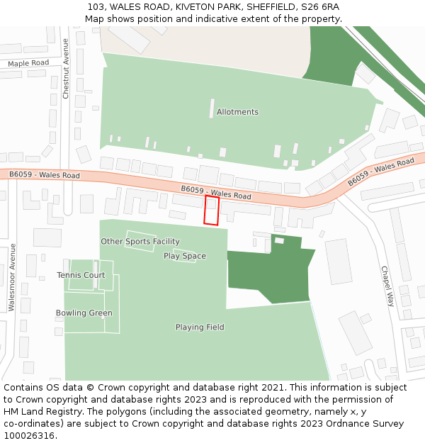103, WALES ROAD, KIVETON PARK, SHEFFIELD, S26 6RA: Location map and indicative extent of plot