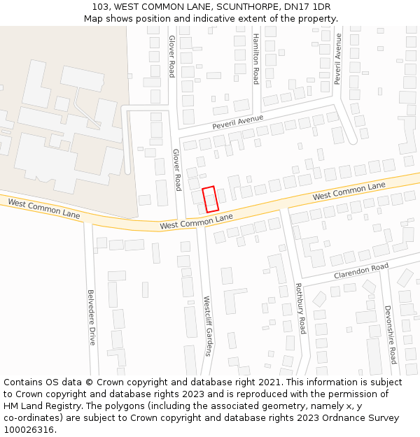 103, WEST COMMON LANE, SCUNTHORPE, DN17 1DR: Location map and indicative extent of plot