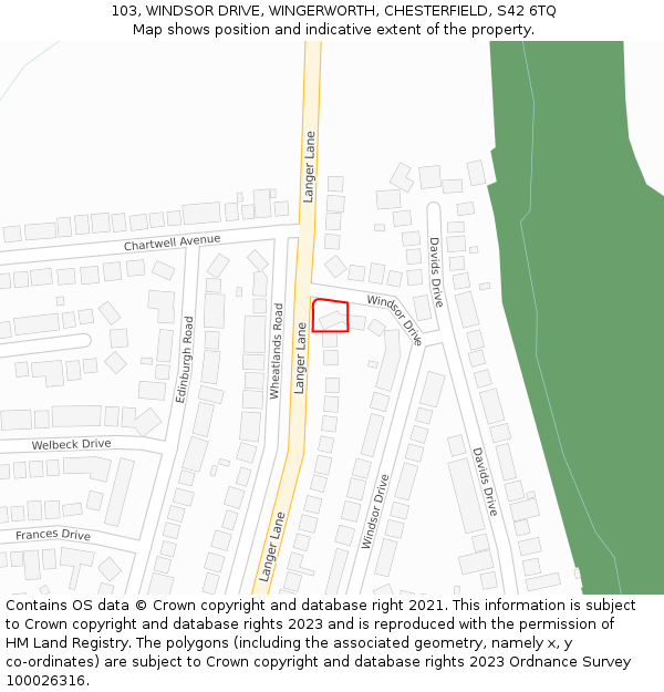 103, WINDSOR DRIVE, WINGERWORTH, CHESTERFIELD, S42 6TQ: Location map and indicative extent of plot