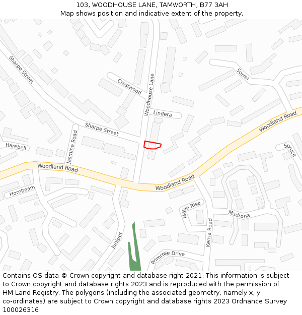 103, WOODHOUSE LANE, TAMWORTH, B77 3AH: Location map and indicative extent of plot