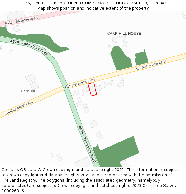 103A, CARR HILL ROAD, UPPER CUMBERWORTH, HUDDERSFIELD, HD8 8XN: Location map and indicative extent of plot