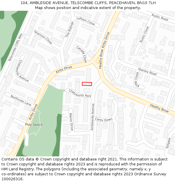 104, AMBLESIDE AVENUE, TELSCOMBE CLIFFS, PEACEHAVEN, BN10 7LH: Location map and indicative extent of plot