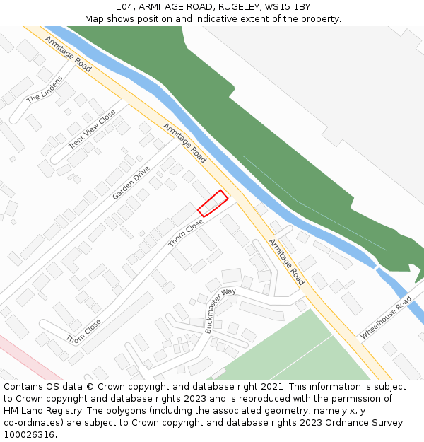 104, ARMITAGE ROAD, RUGELEY, WS15 1BY: Location map and indicative extent of plot
