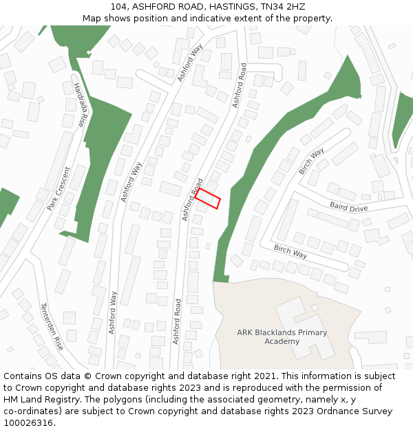 104, ASHFORD ROAD, HASTINGS, TN34 2HZ: Location map and indicative extent of plot