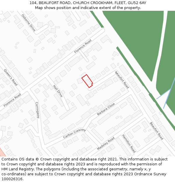 104, BEAUFORT ROAD, CHURCH CROOKHAM, FLEET, GU52 6AY: Location map and indicative extent of plot
