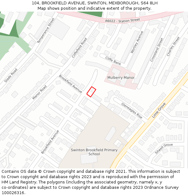104, BROOKFIELD AVENUE, SWINTON, MEXBOROUGH, S64 8LH: Location map and indicative extent of plot