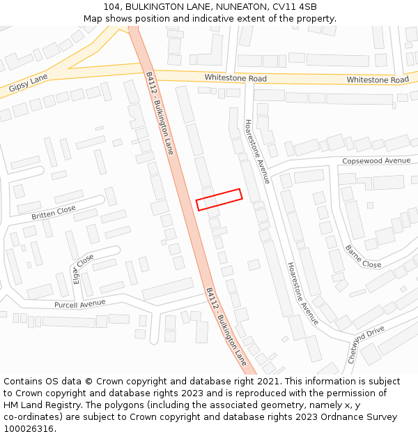 104, BULKINGTON LANE, NUNEATON, CV11 4SB: Location map and indicative extent of plot
