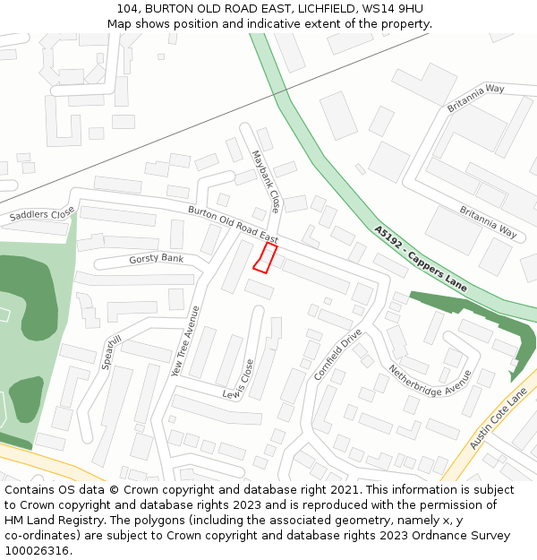 104, BURTON OLD ROAD EAST, LICHFIELD, WS14 9HU: Location map and indicative extent of plot