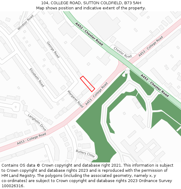 104, COLLEGE ROAD, SUTTON COLDFIELD, B73 5AH: Location map and indicative extent of plot