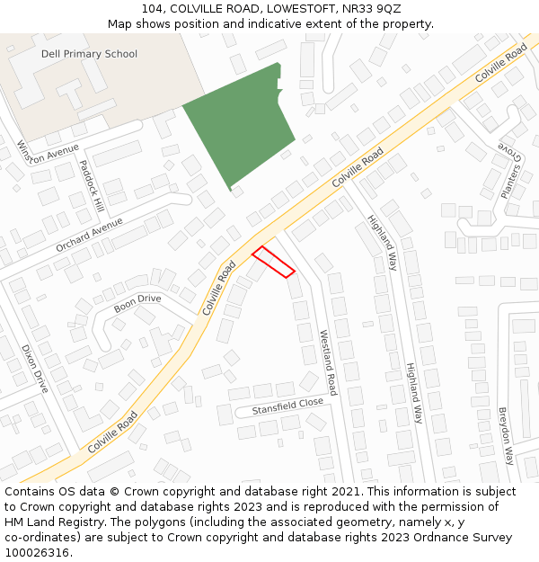 104, COLVILLE ROAD, LOWESTOFT, NR33 9QZ: Location map and indicative extent of plot