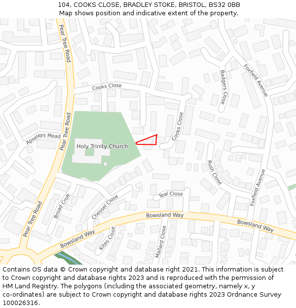 104, COOKS CLOSE, BRADLEY STOKE, BRISTOL, BS32 0BB: Location map and indicative extent of plot