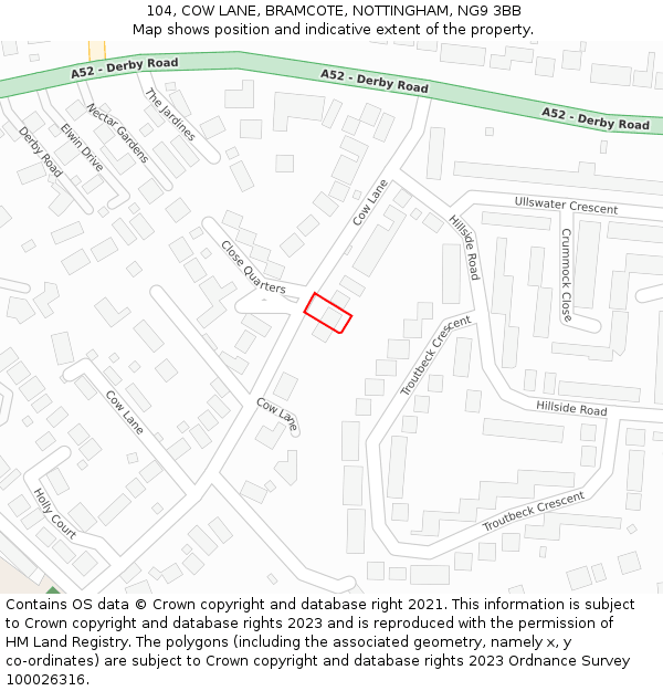104, COW LANE, BRAMCOTE, NOTTINGHAM, NG9 3BB: Location map and indicative extent of plot